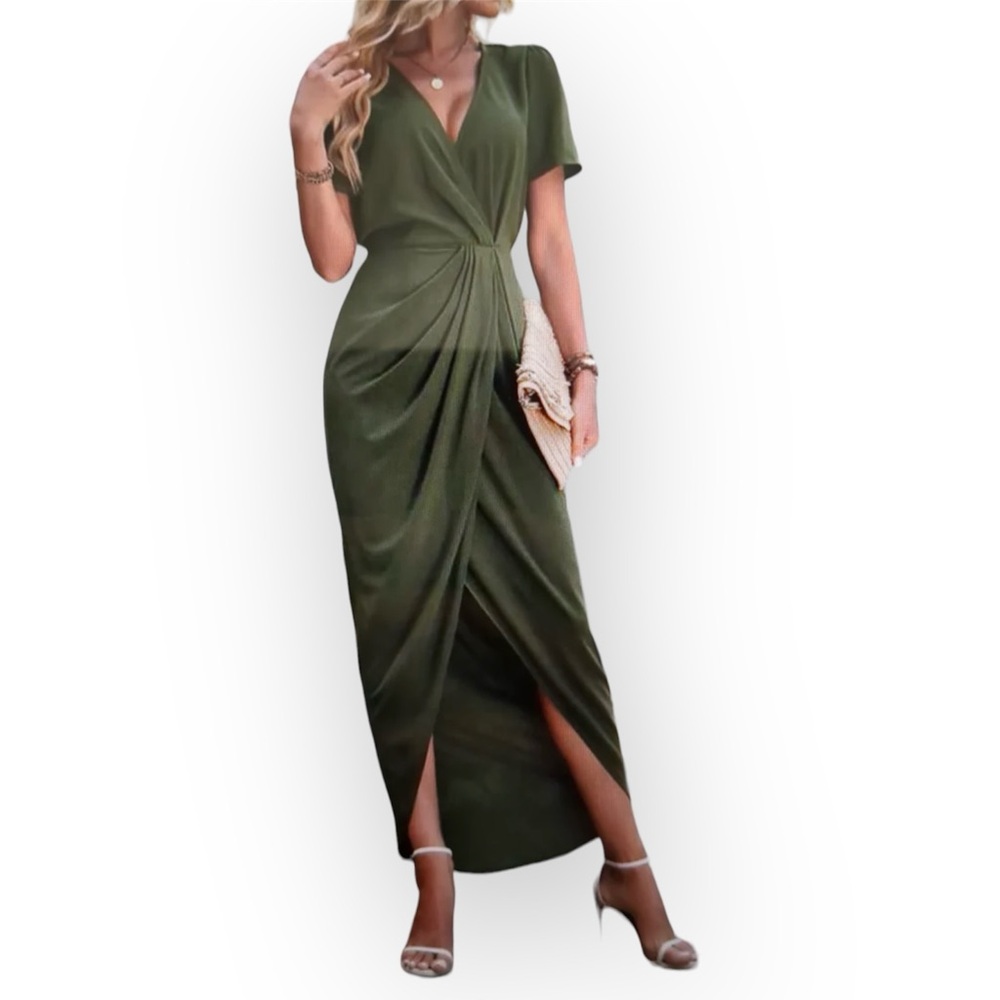 New Women’s Tulip Hem Midi Dress Short Sleeves Green V-Neck w Twist Sz Small